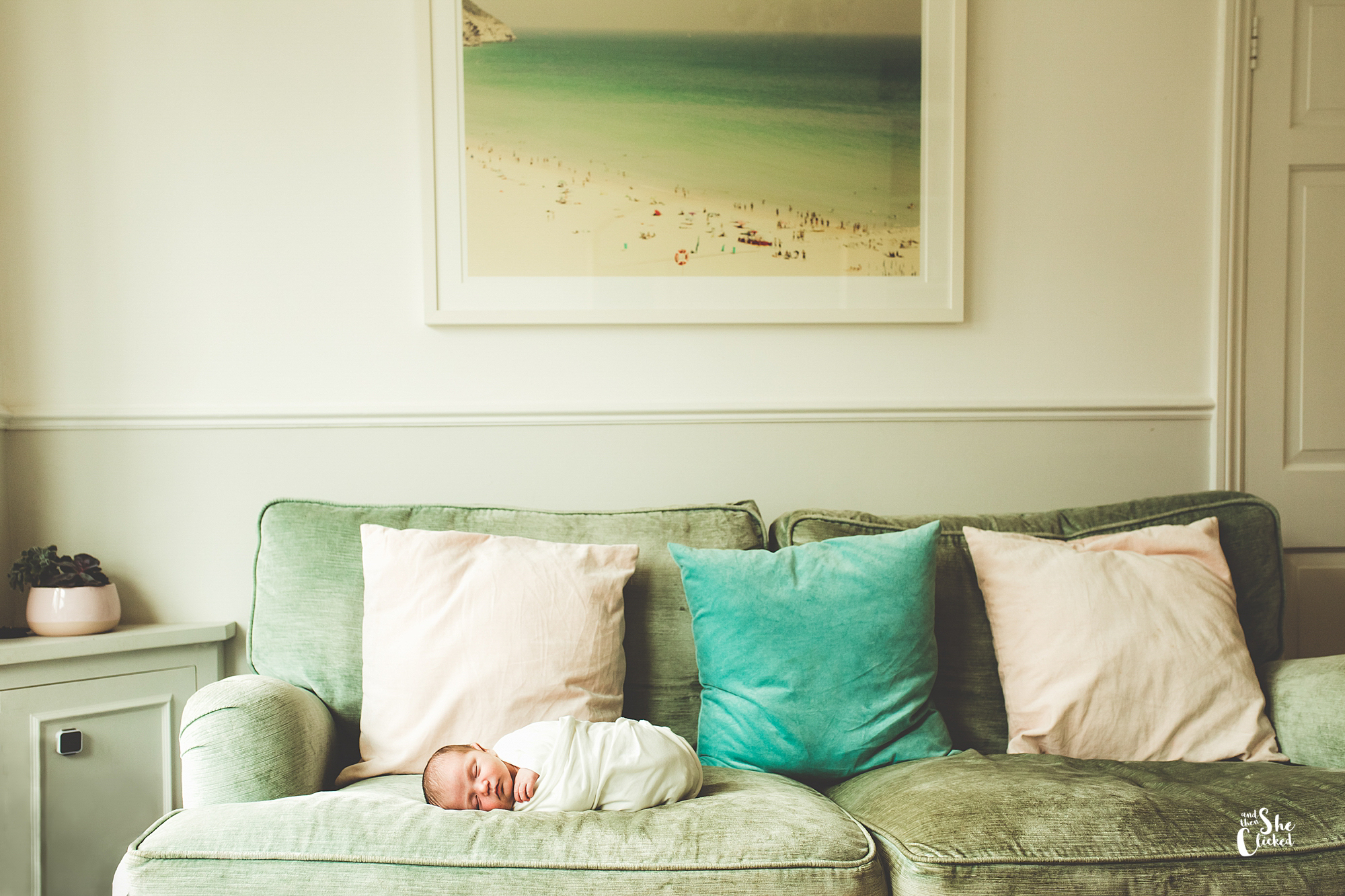 newborn on mint couch